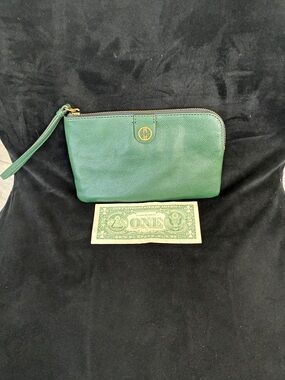 Fossil Green Leather Zip Wristlet with Brass Hardware
